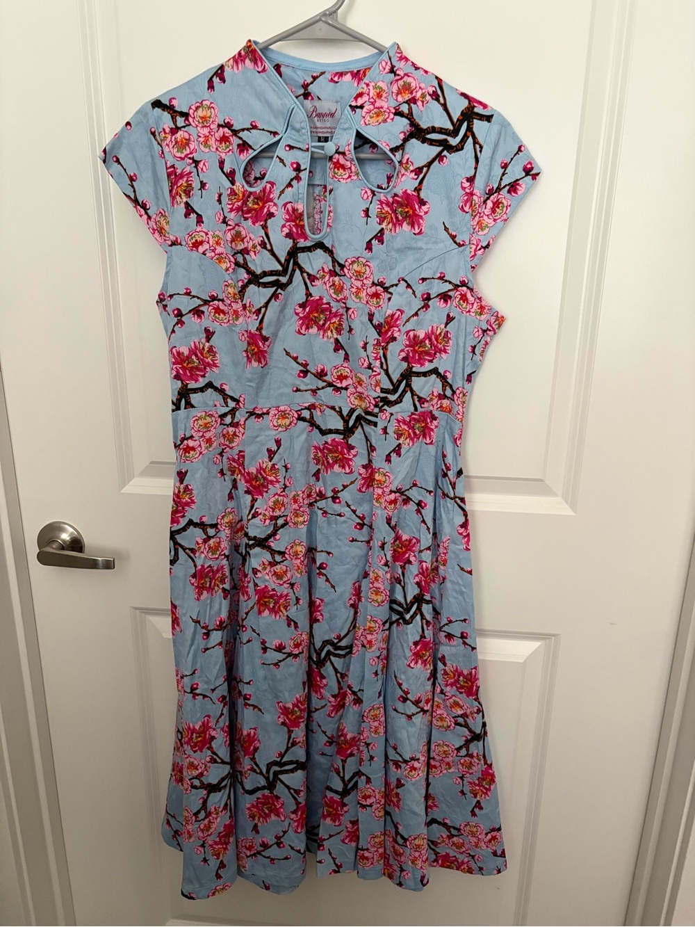 Light Blue Floral Midi Dress with Pink Blossoms